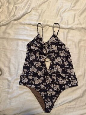 Floral Navy & White Girls One-Piece Swimsuit